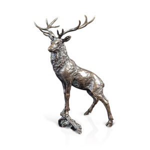 Made from solid foundry bronze, this piece depicts a magificent stag standing proud on a rock with its head held high.