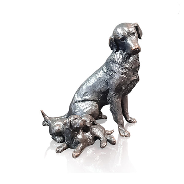 Made from solid foundry bronze, this piece depicts a Golden Retriever mother with her two puppies, laying next to her playing.