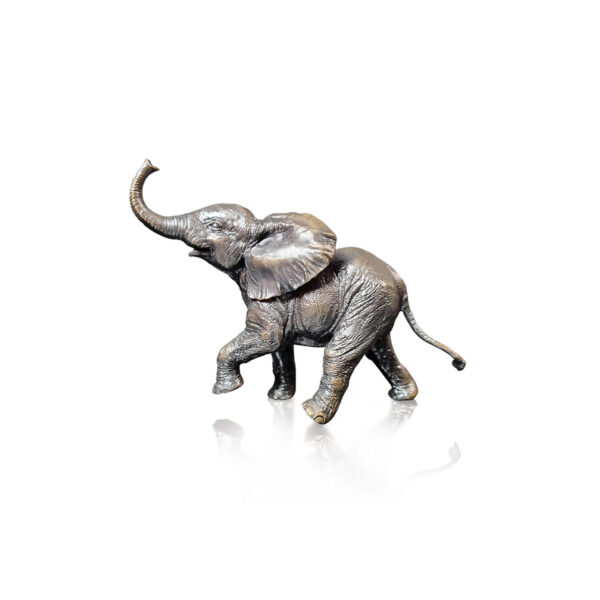 Made from solid foundry bronze, the piece depicts a baby elephant running with its trunk in the air.