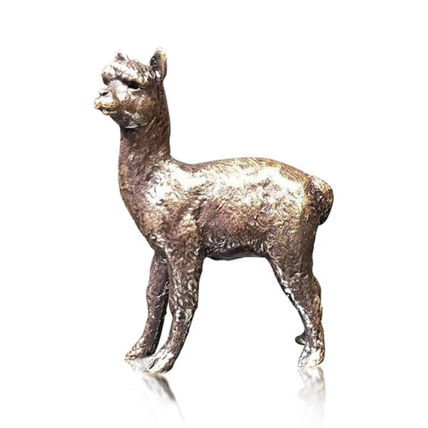 Made from solid foundry bronze, this piece depicts a wooly, standing Alpaca.