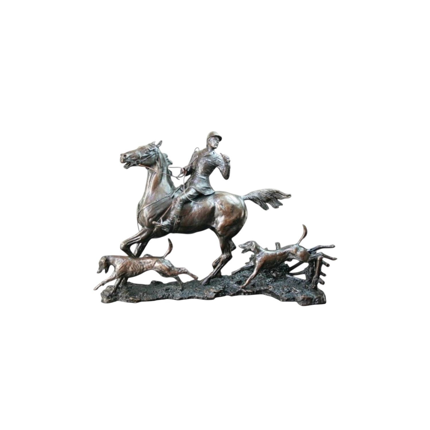 Made from solid foundry bronze, this piece depicts a huntsman riding his horse alongside his hounds.