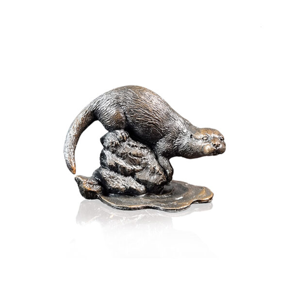 Made from solid foundry bronze, this piece depicts a small otter sitting quietly on a rock in a stream.