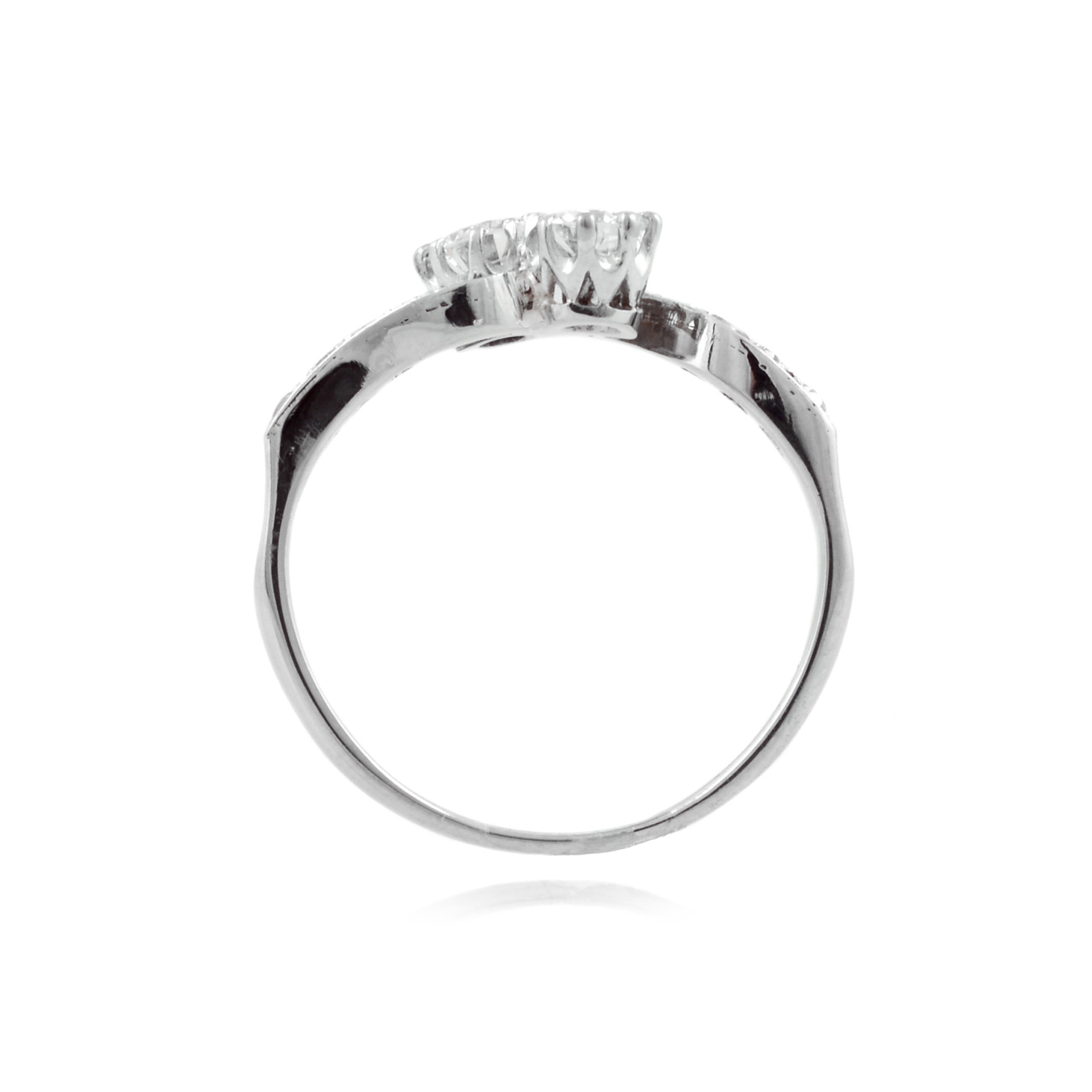 Diamond Set, Two Stone Crossover Ring with Diamond Set Shoulders A two stone diamond crossover ring with diamond set shoulders, featuring eight diamonds in total.