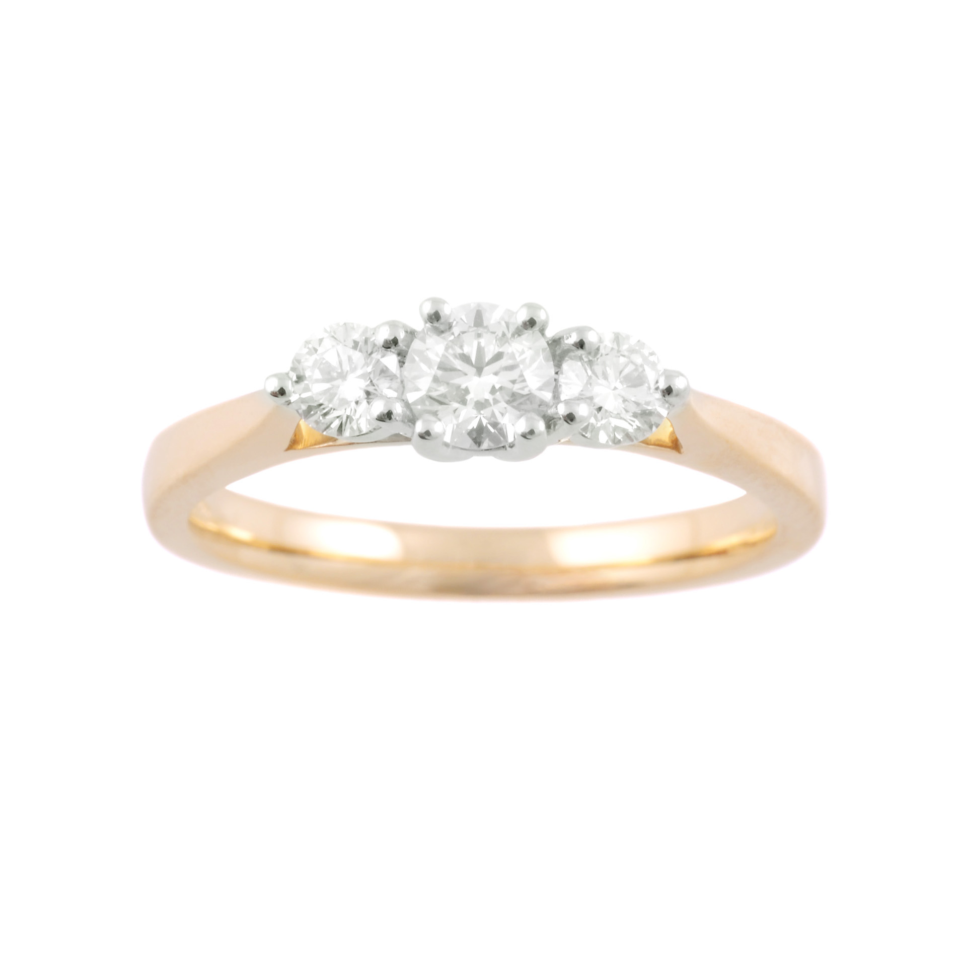 An 18ct yellow and white gold round brilliant cut diamond three stone ring.