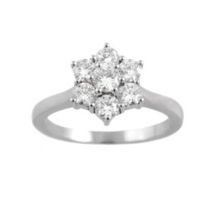 A platinum round brilliant cut diamond seven stone cluster ring with a claw setting.