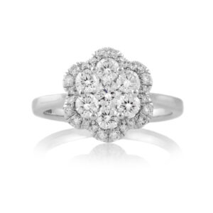 An 18ct white gold, flower shaped brilliant cut diamond set cluster ring.