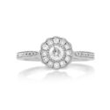 An 18ct white gold, diamond set cluster ring with diamond set shoulders.