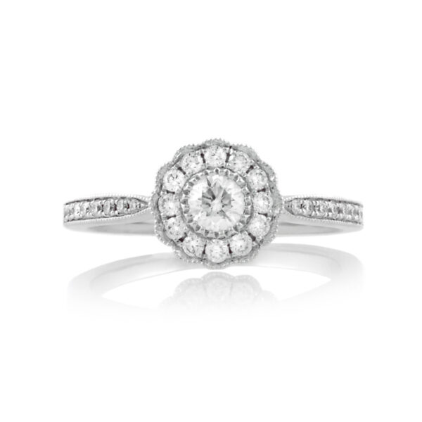 An 18ct white gold, diamond set cluster ring with diamond set shoulders.