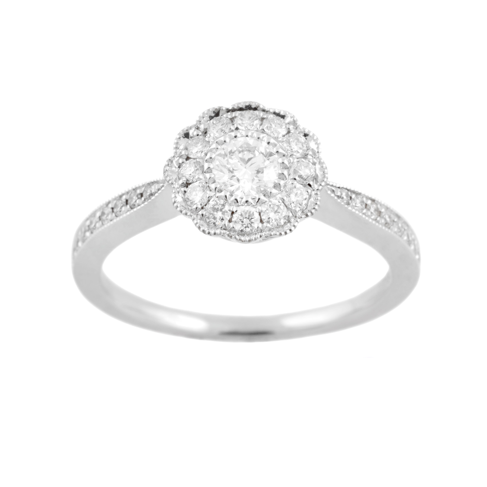 An 18ct white gold, diamond set milgrain cluster ring with diamond set shoulders.