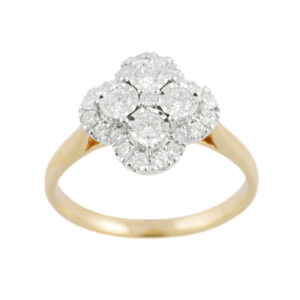An 18ct yellow gold round brilliant cut diamond set flower cluster ring, containing a single diamond surrounded by four brilliant cut diamonds and additional outer cluster diamonds.