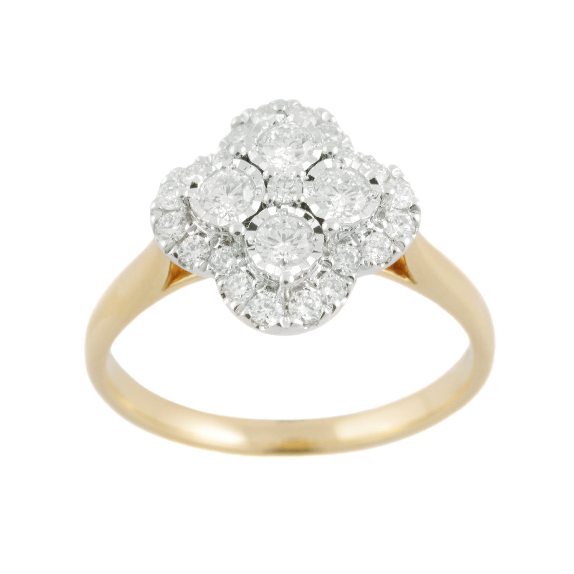 An 18ct yellow gold round brilliant cut diamond set flower cluster ring, containing a single diamond surrounded by four brilliant cut diamonds and additional outer cluster diamonds.