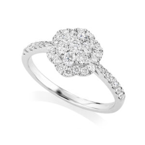 A platinum round brilliant cut diamond fancy cluster ring with diamond set shoulders.