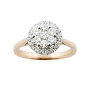 An 18ct yellow and white gold round brilliant cut diamond seven stone cluster ring.