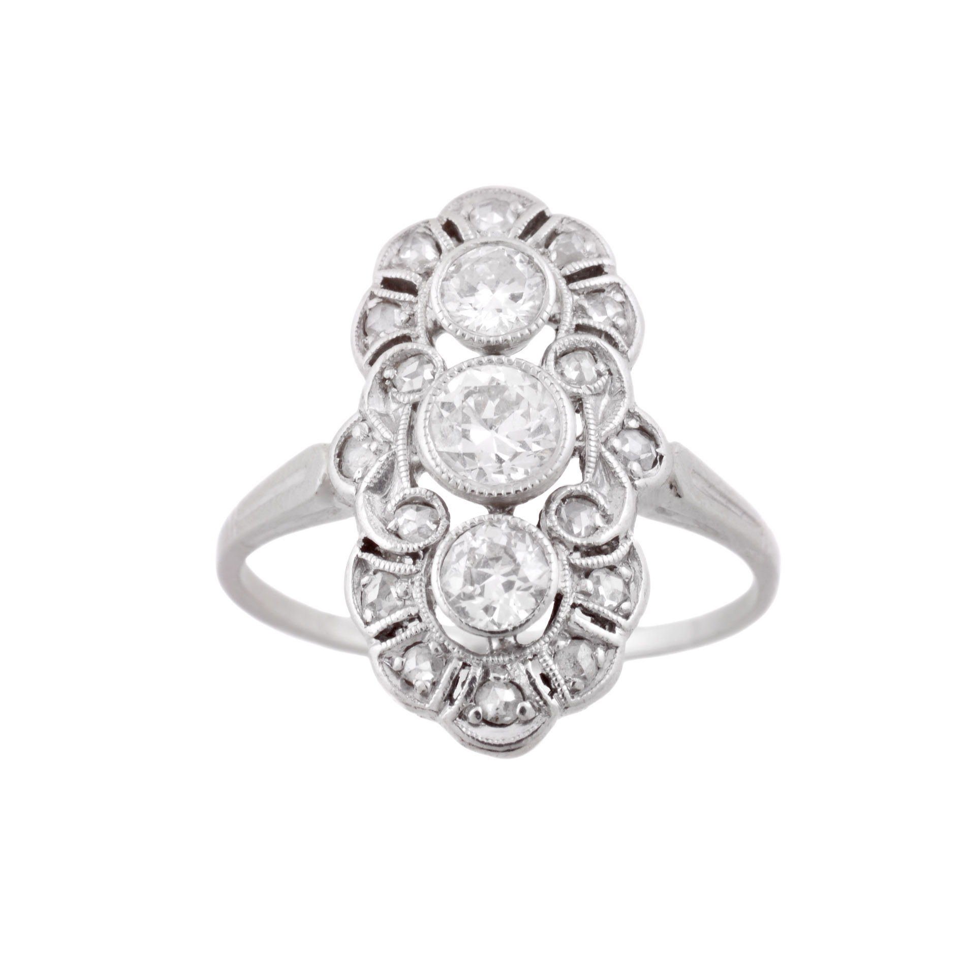 A 14ct white gold Art Deco diamond plaque ring containing rose cut and old round brilliant cut diamonds.