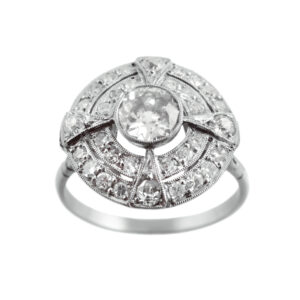 An 18ct white gold and platinum Art Deco diamond set target cluster ring