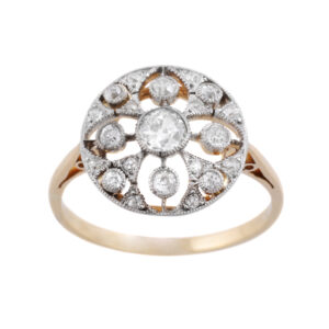 An 18ct gold and platinum Edwardian round cluster ring, containing old European cut, old eight cut and rose cut diamonds.
