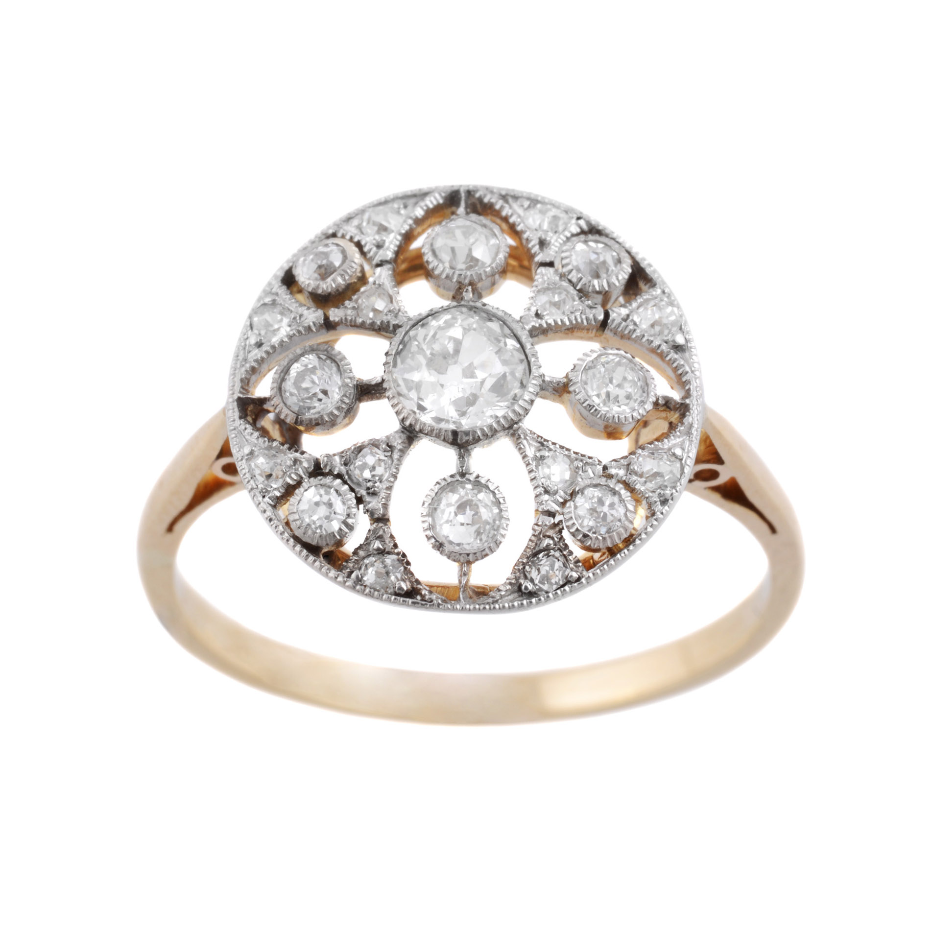 An 18ct gold and platinum Edwardian round cluster ring, containing old European cut, old eight cut and rose cut diamonds.
