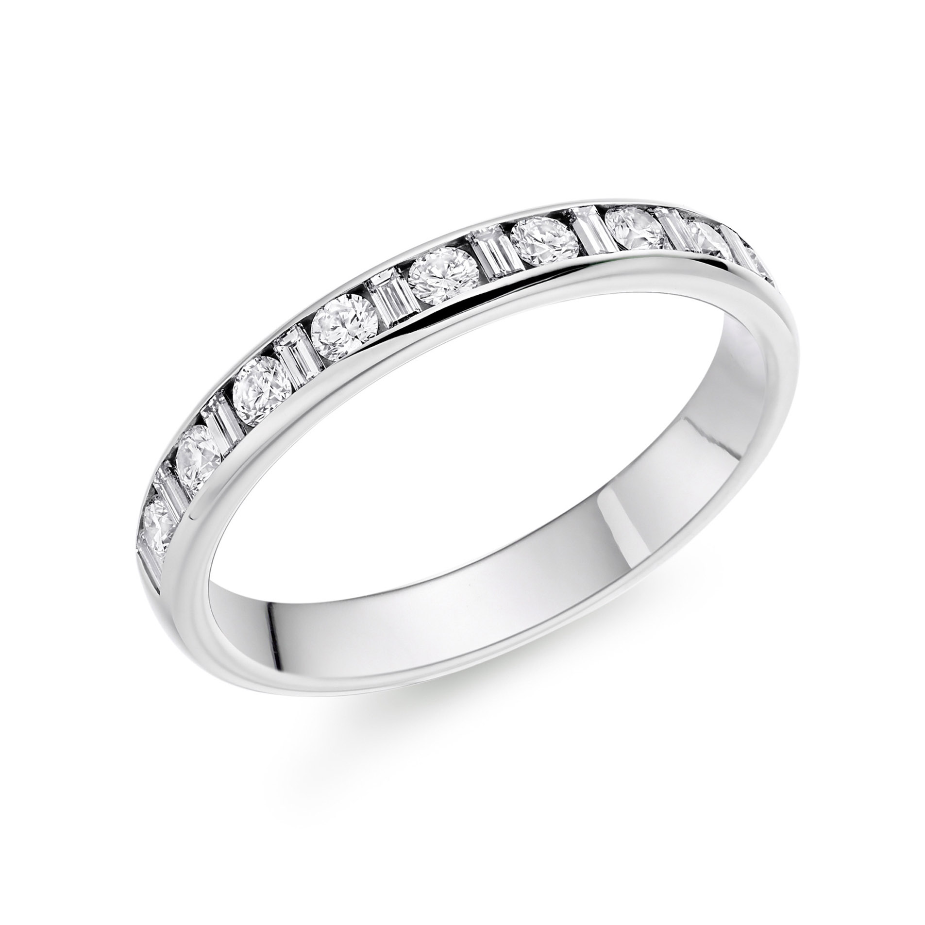 A platinum round brilliant and baguette cut diamond set band.