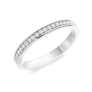 A platinum round brilliant cut diamond set band.