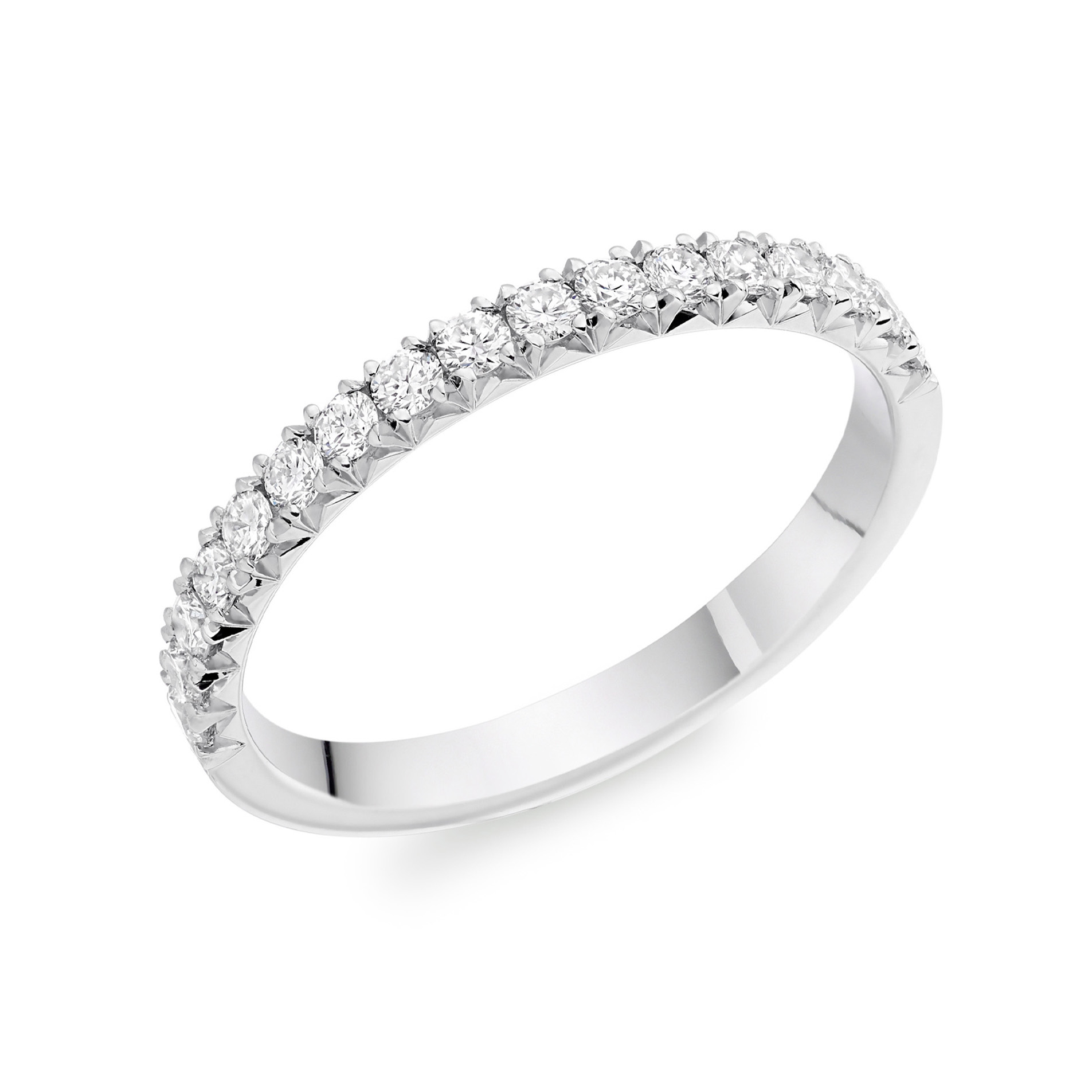 A platinum round brilliant cut diamond claw set band.