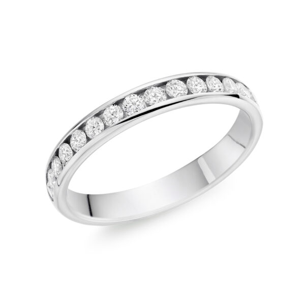 A platinum channel set brilliant cut diamond band.