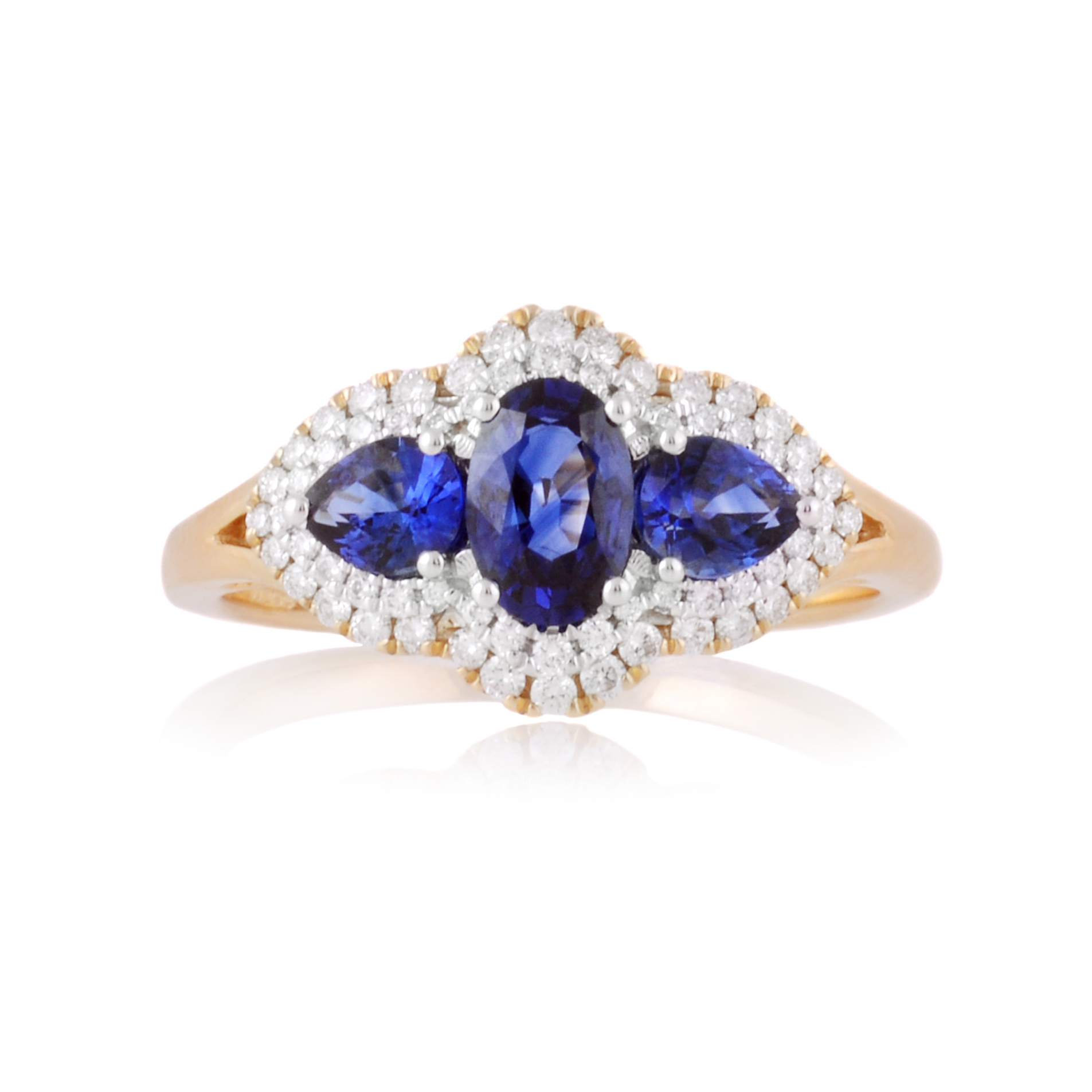 18ct Yellow Gold Oval & Pear Shaped Sapphire & Diamond Three Stone Ring An 18ct gold, oval and pear shaped sapphire and diamond set three stone fancy cluster ring.