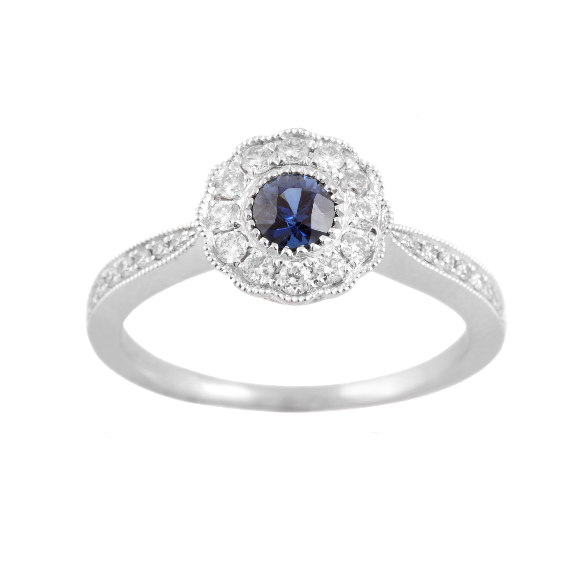 18ct White Gold Sapphire & Diamond Set Millegrain Cluster Ring with Diamond Shoulders An 18ct white gold, sapphire and diamond set millegrain cluster ring with diamond set shoulders in 18ct white gold.