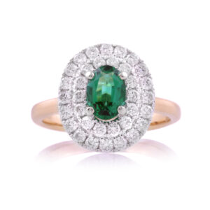 An 18ct yellow gold oval emerald and brilliant cut diamond double row cluster ring.