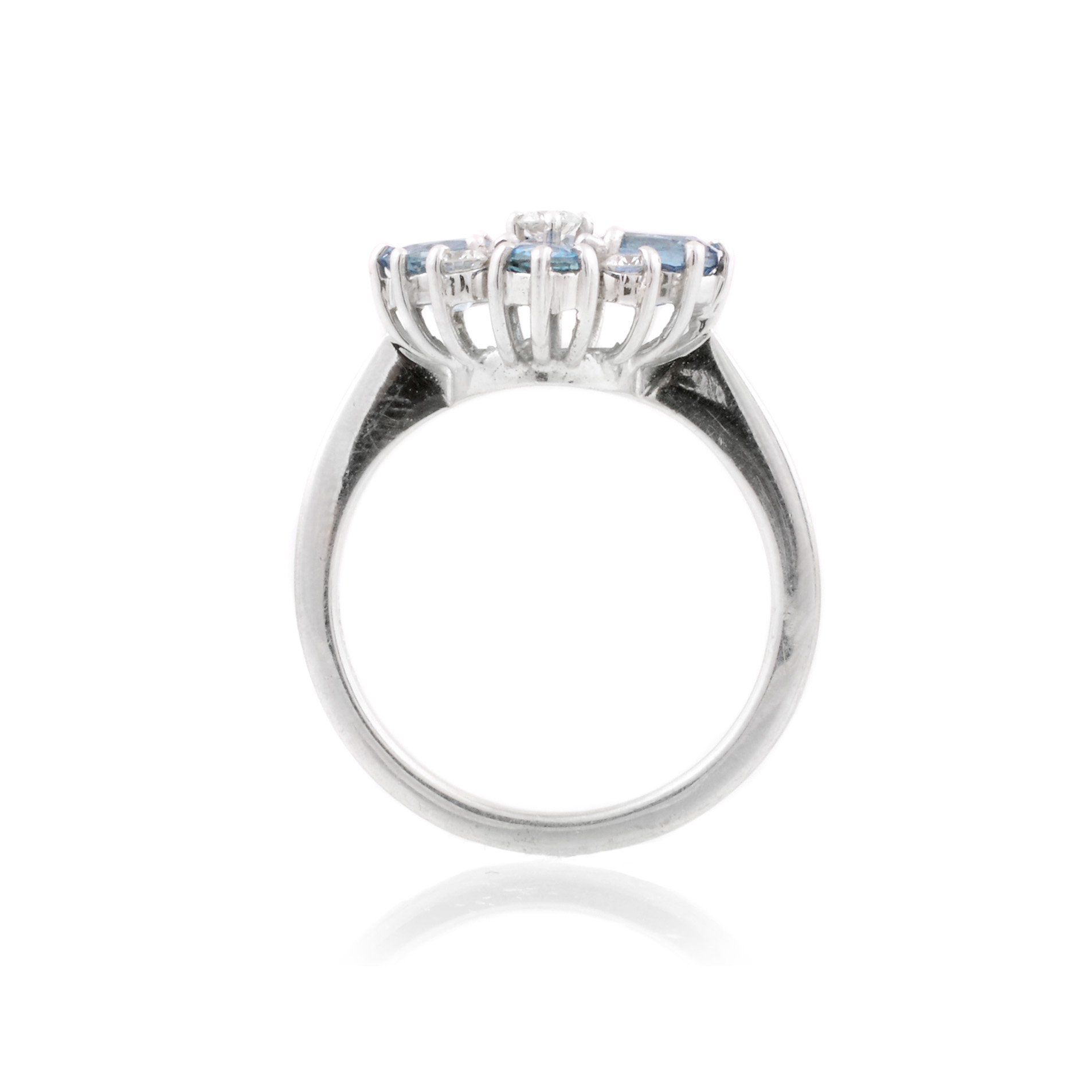 18ct White Gold Aquamarine & Diamond Fancy Cluster Ring An 18ct white gold nine stone aquamarine and diamond set fancy cluster ring.