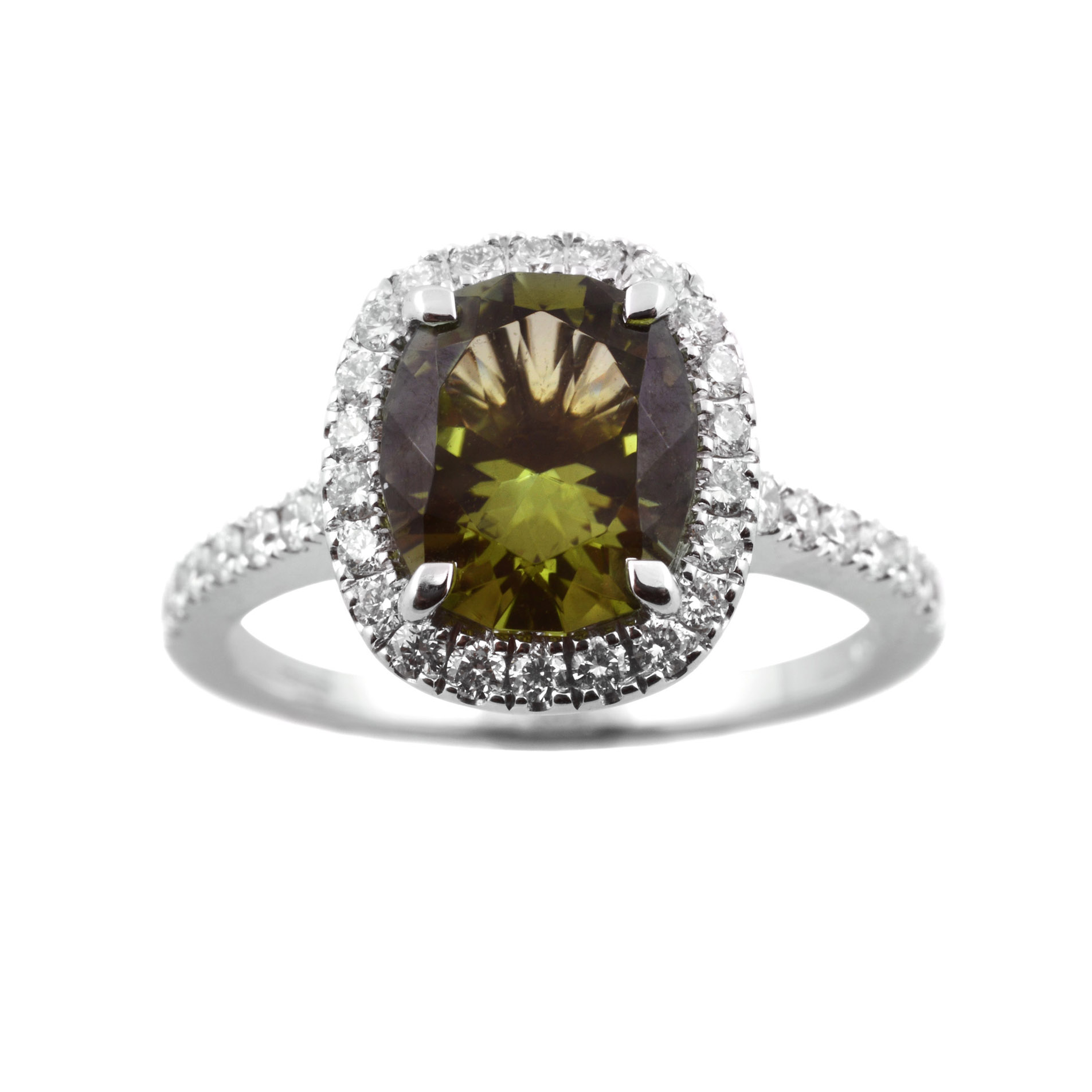 18ct White Gold Green Tourmaline Cluster Ring An 18ct white gold oval shaped green tourmaline and diamond cluster ring, with diamond set shoulders.