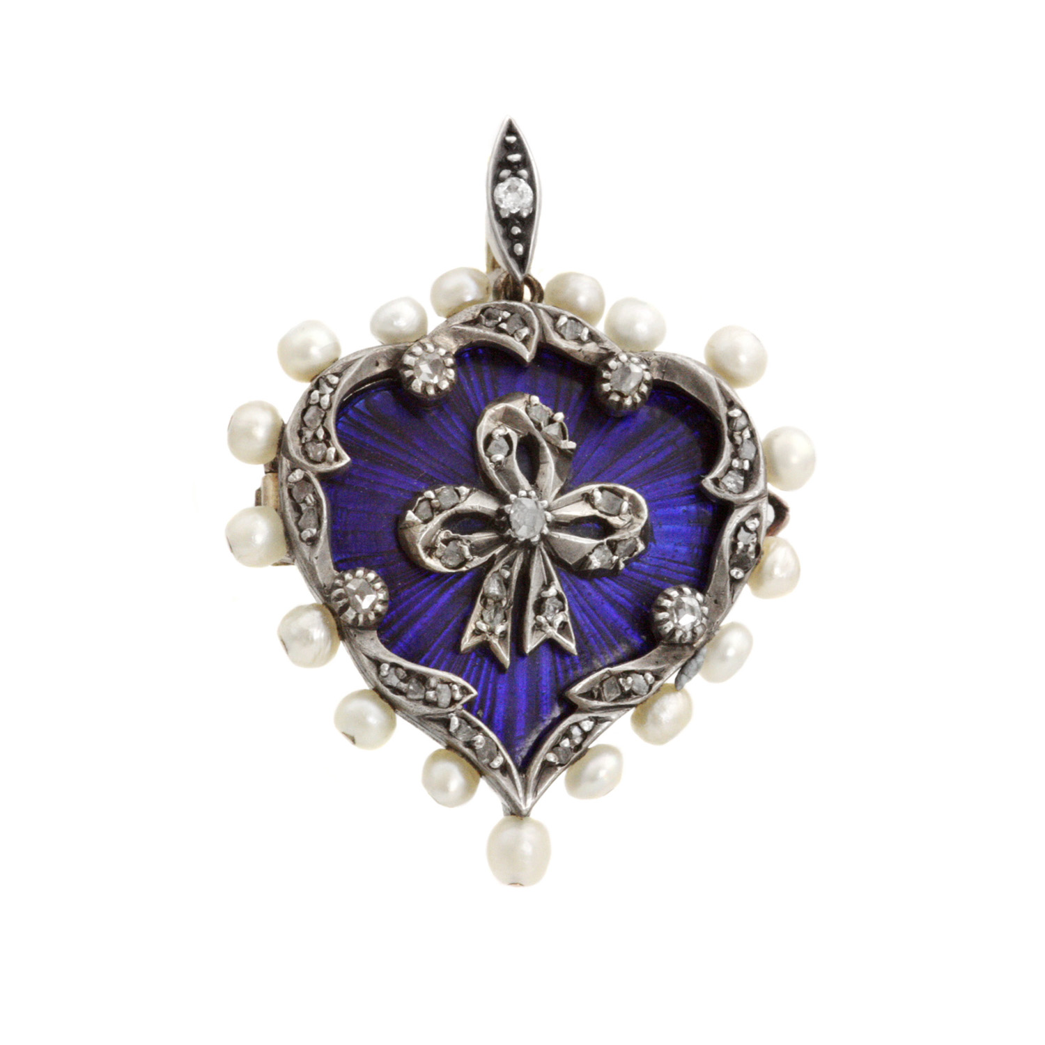 A heart shaped, blue enamelled diamond and pearl set brooch that can also be worn as a pendant.
