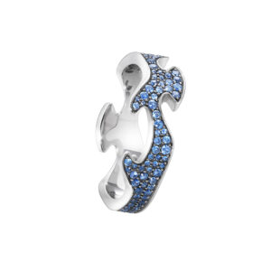 An 18ct white gold Fusion centre ring with pave set sapphires from Georg Jensen’s Fusion collection.