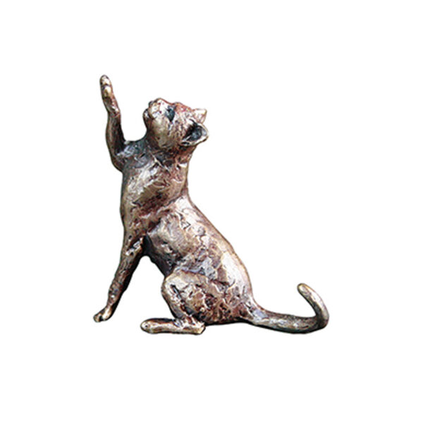 Made from solid foundry bronze, this piece depicts a cat sitting looking up, holding its paw in the air and is designed by sculptor Michael Simpson.