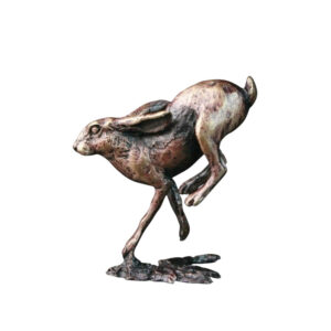Made from solid foundry bronze, this piece depicts a running hare.