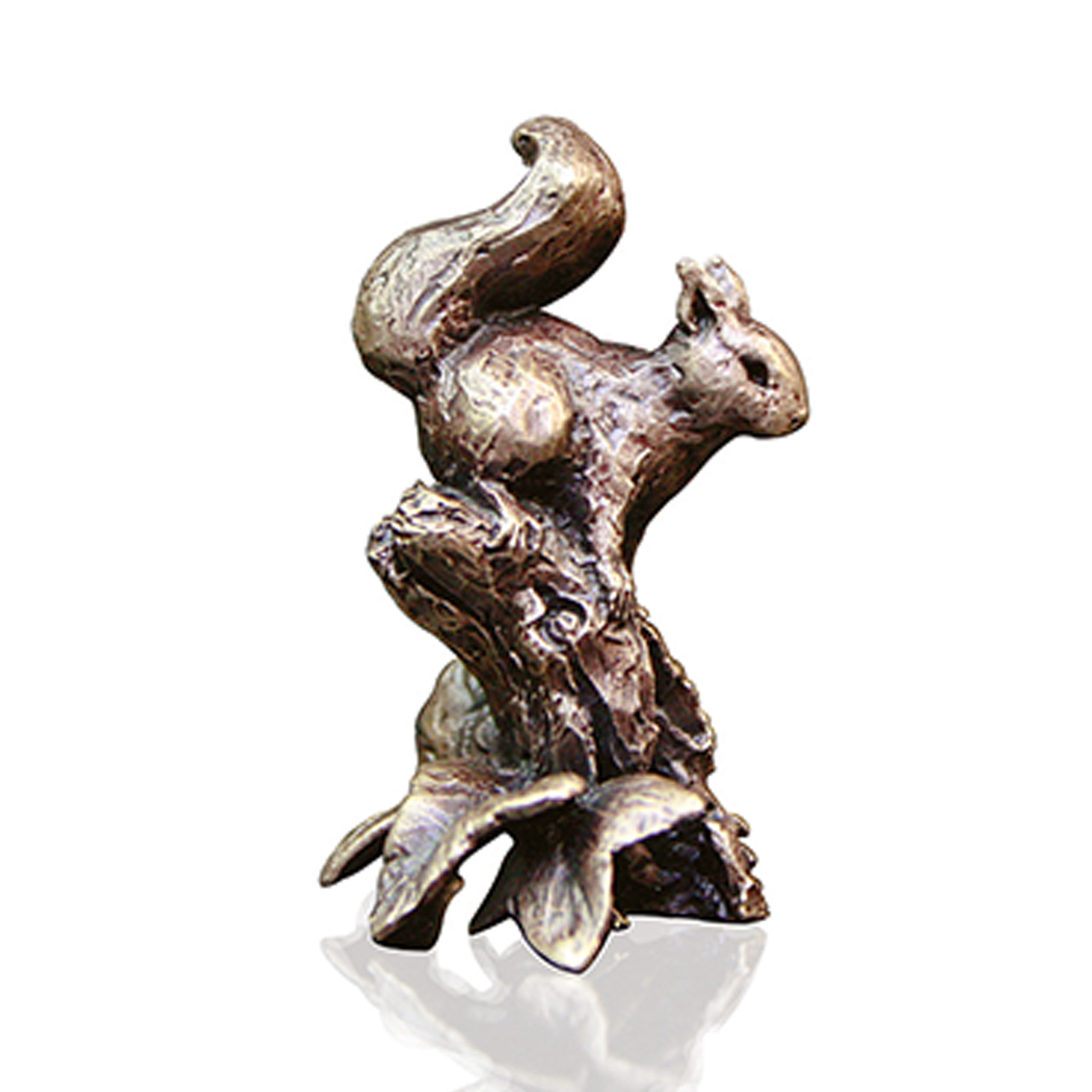 Made from solid foundry bronze, this piece depicts a red squirrel sitting on a tree stump with its tail in the air.