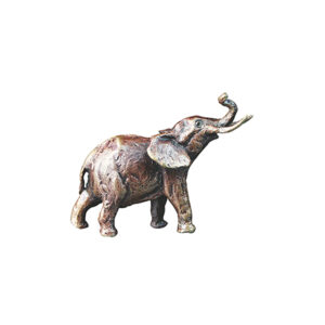 Made from solid foundry bronze, this piece depicts an elephant with its head and trunk in the air.