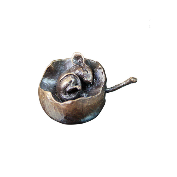 Made from solid foundry bronze, this piece depicts a tiny mouse asleep in an apple.