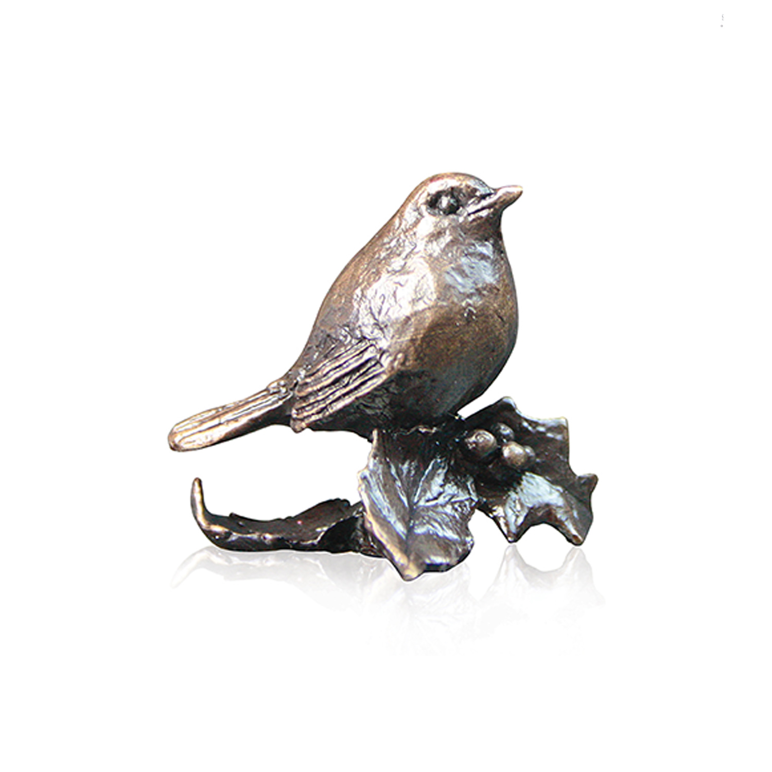 Made from solid foundry bronze, this piece depicts a small robin perched on a branch.
