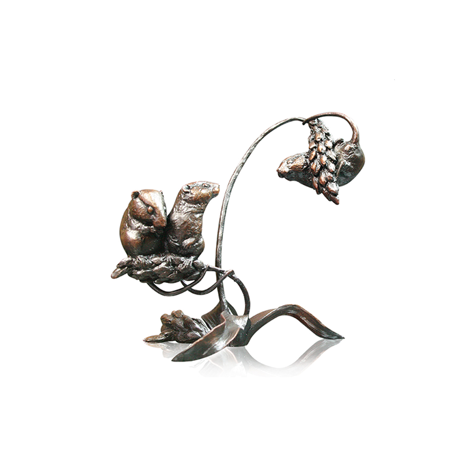 Made from solid foundry bronze, this piece depicts two harvest mice sitting together with a third balancing on the wheat sheaf.