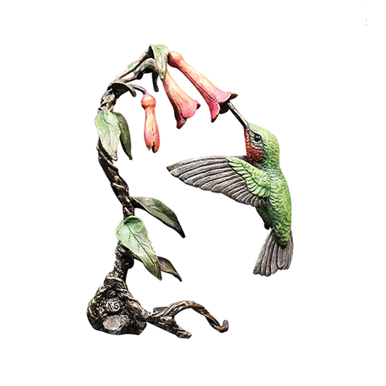 Made from solid foundry bronze, this piece depicts a hummingbird searching for nectar within a flower.