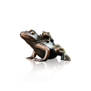 Made from solid foundry bronze, this piece depicts a mother frog with her baby on her back.