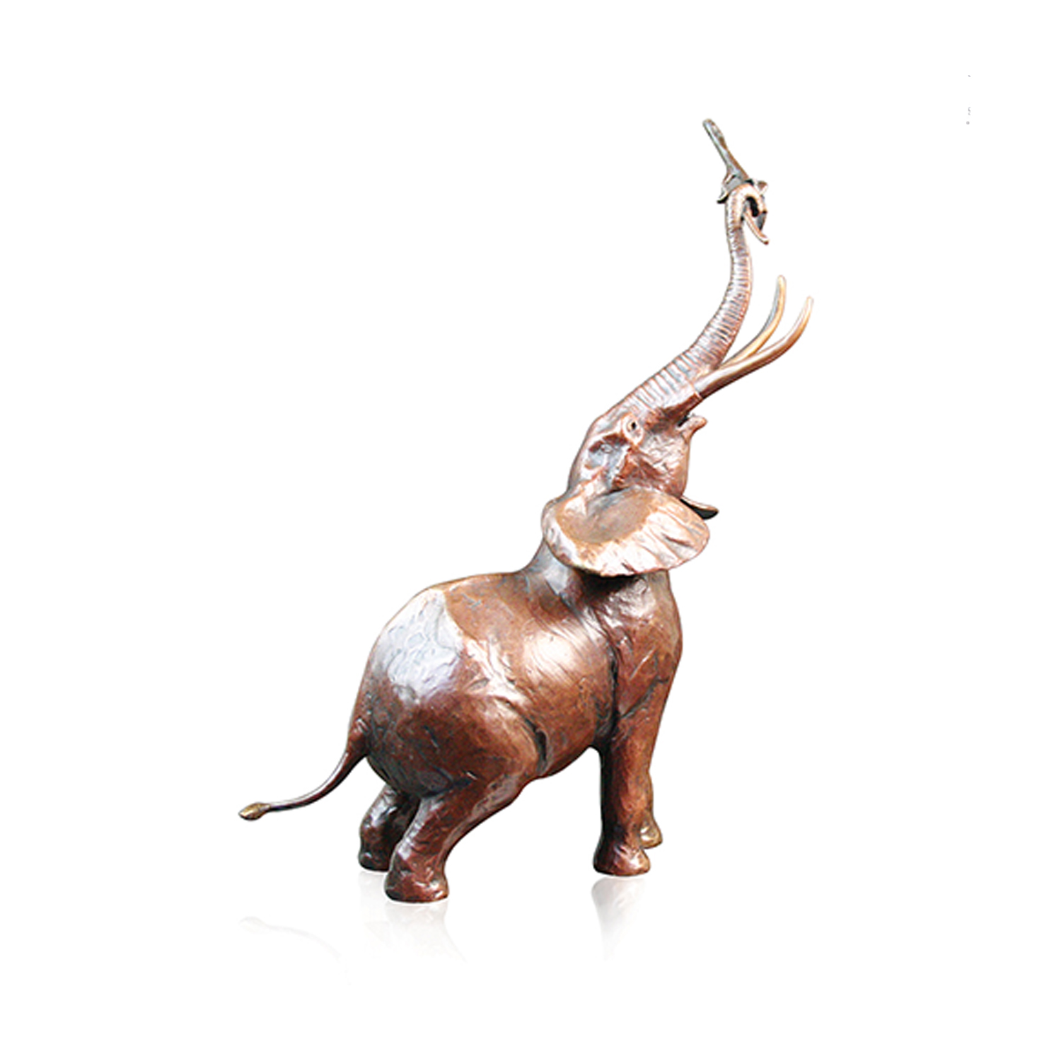 Medium Bull Elephant Figurine by Richard Cooper Bronze Made from solid foundry bronze, this piece depicts a magnificent bull elephant standing tall on its back legs to reach an acacia tree branch.