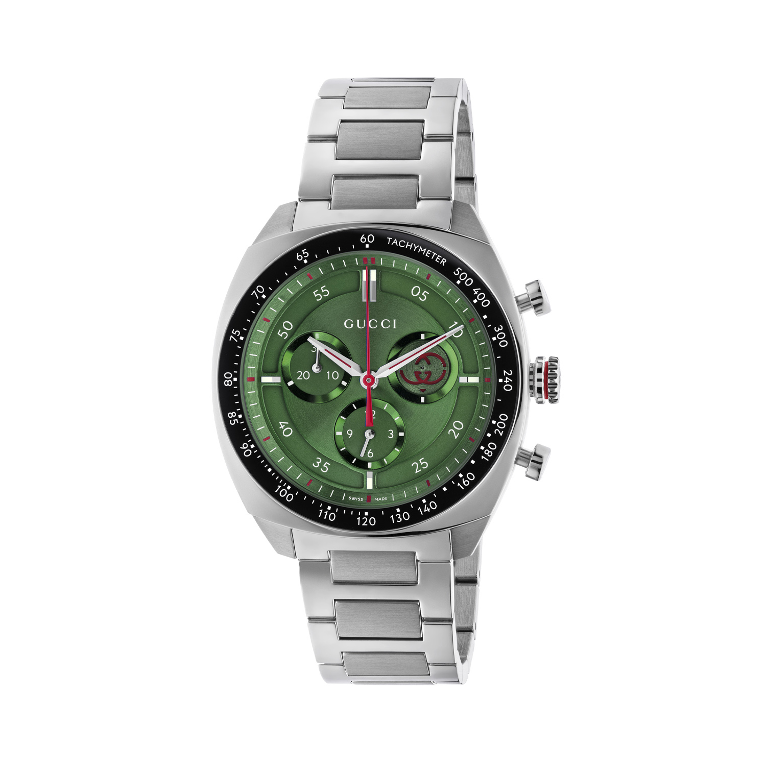 Gucci Interlocking Green, Quartz Men's Watch Gucci Interlocking with a 41mm stainless steel case and bracelet strap featuring a chronograph on a green dial with a black bezel.