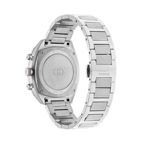 Gucci Interlocking with a 41mm stainless steel case and bracelet strap featuring a chronograph on a blue dial with a black bezel.