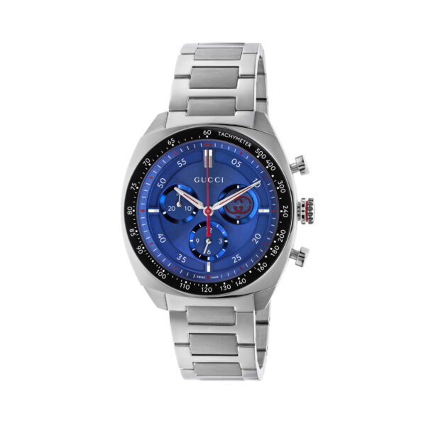 Gucci Interlocking with a 41mm stainless steel case and bracelet strap featuring a chronograph on a blue dial with a black bezel.