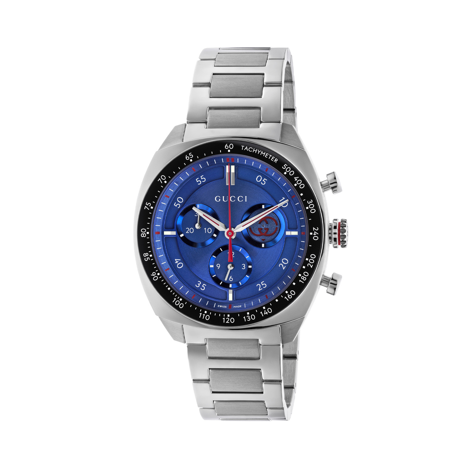 Gucci Interlocking Blue, Quartz Men's Watch Gucci Interlocking with a 41mm stainless steel case and bracelet strap featuring a chronograph on a blue dial with a black bezel.