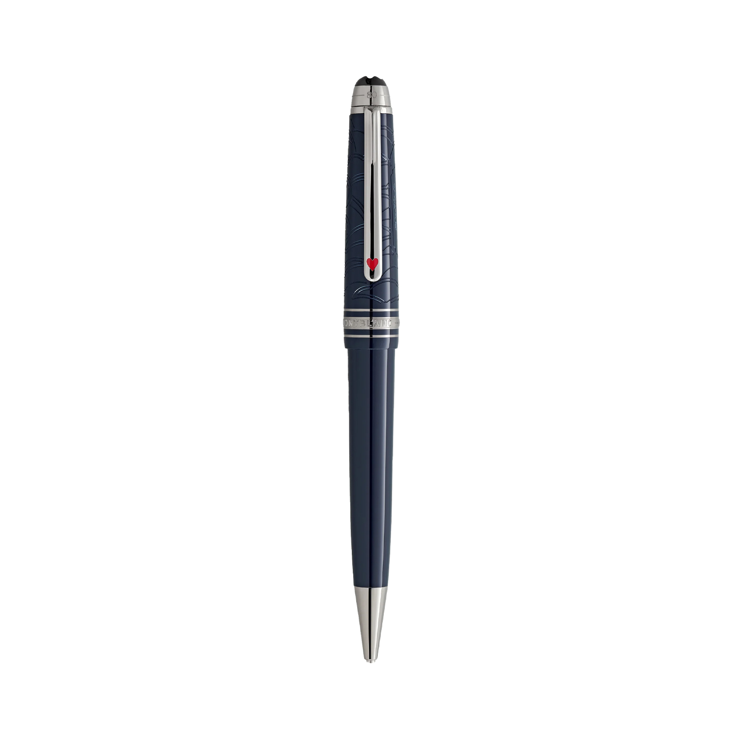 A Montblanc, Meisterstück Around The World In 80 Days Midsize Ballpoint pen crafted in dark blue precious resin and a clip featuring a red laquered heart.