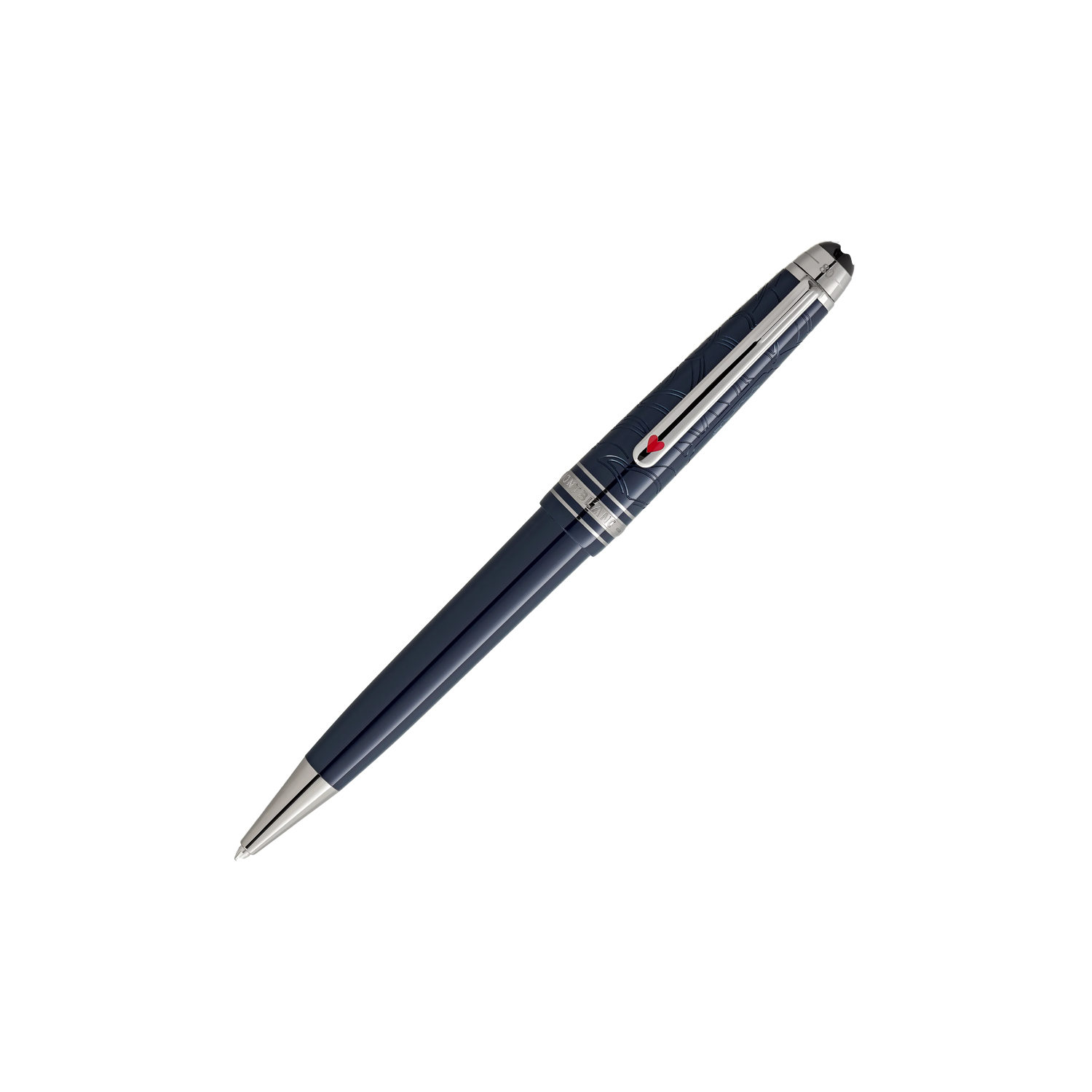 A Montblanc, Meisterstück Around The World In 80 Days Midsize Ballpoint pen crafted in dark blue precious resin and a clip featuring a red laquered heart.