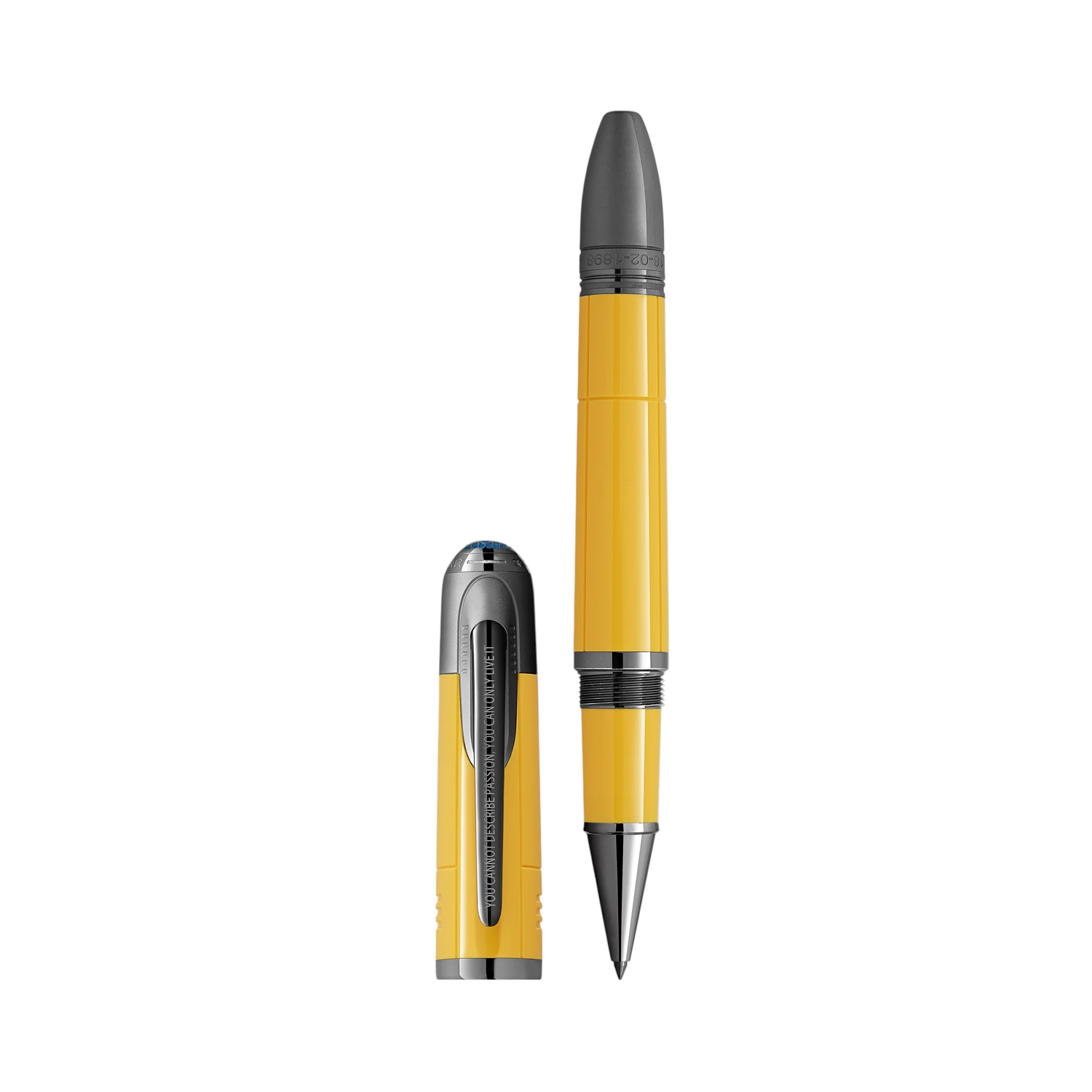 A Montblanc, Great Characters Enzo Ferrari Special Edition Giallo Modena Rollerball pen crafted in yellow precious resin featuring engraving on the cone and cap top.