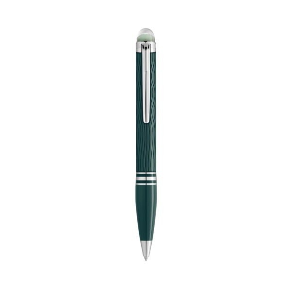 A Montblanc, StarWalker PolarGreen Precious Resin Ballpoint pen crafted in dark green precious resin with platinum-coated fittings and a transparent resin cap top that glows in low light.